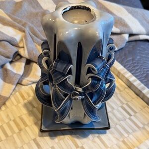 Decorative Carved Ribbon Candle in Blue and White - with blue pottery tray